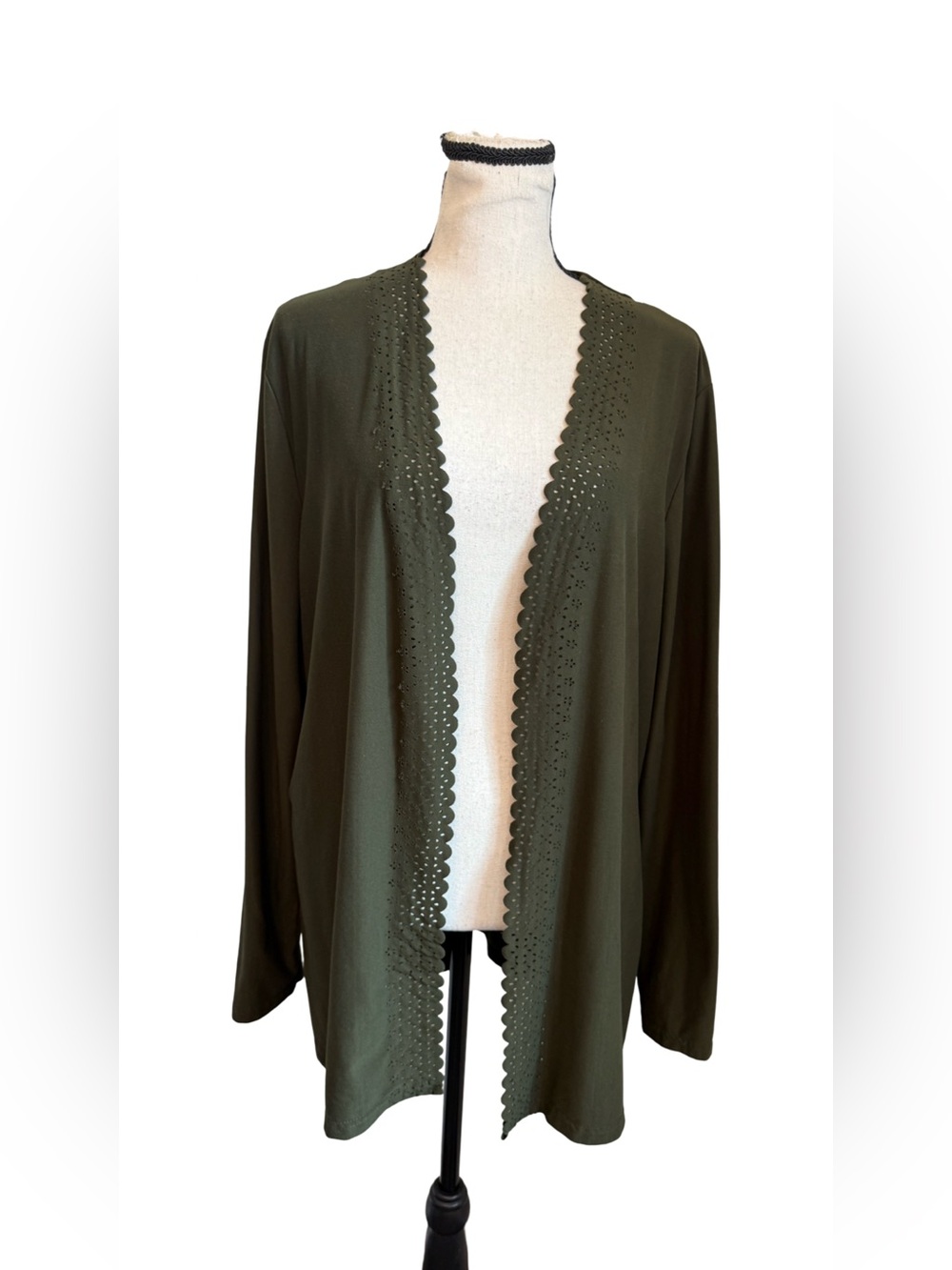 Chances R Olive Green Cardigan Open Front Eyelet Trim Long Sleeve XL